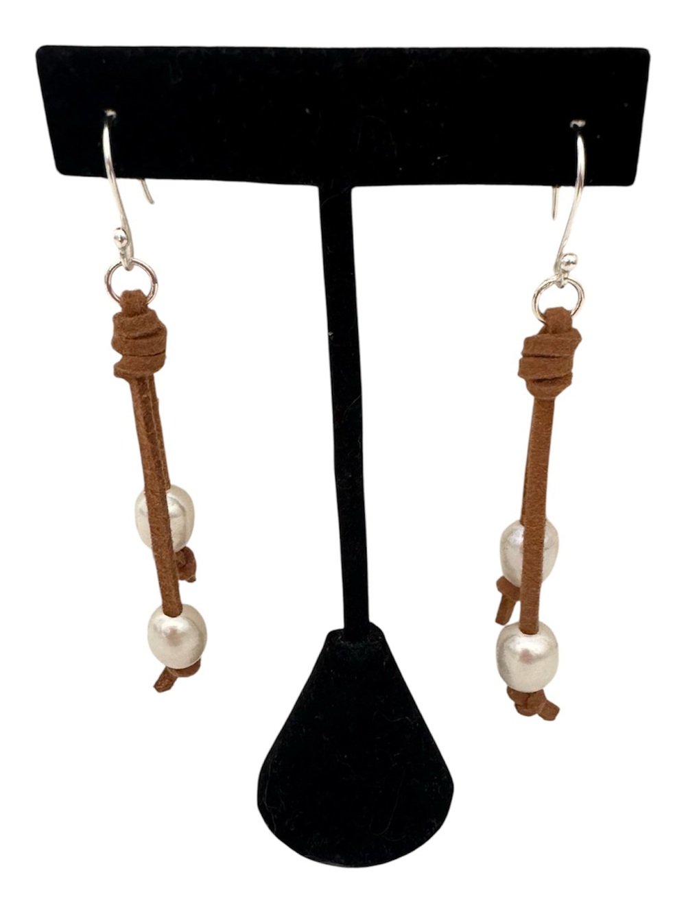Sundance Brown Suede Cord Pearl Drop Earrings  NEW